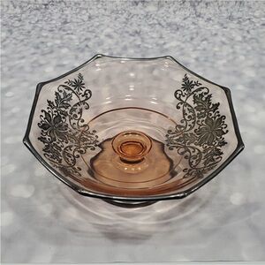 Vtg Pink Depression Glass Bowl Sterling Silver Overlay Octagonal Rim 1930s